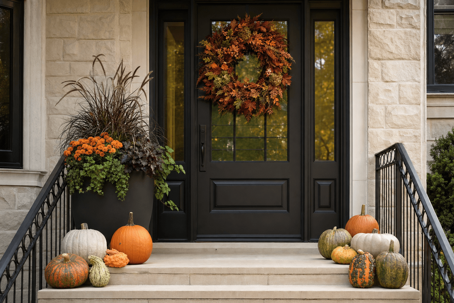 Realistic fall porch drop-off kit arrangement on a Chicago stoop