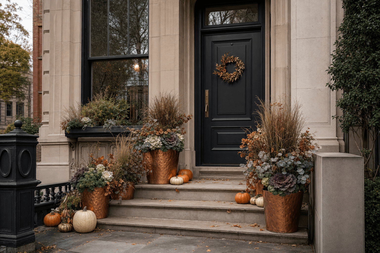 Fall porch styling with pumpkins, mums, and autumn wreath in Chicago