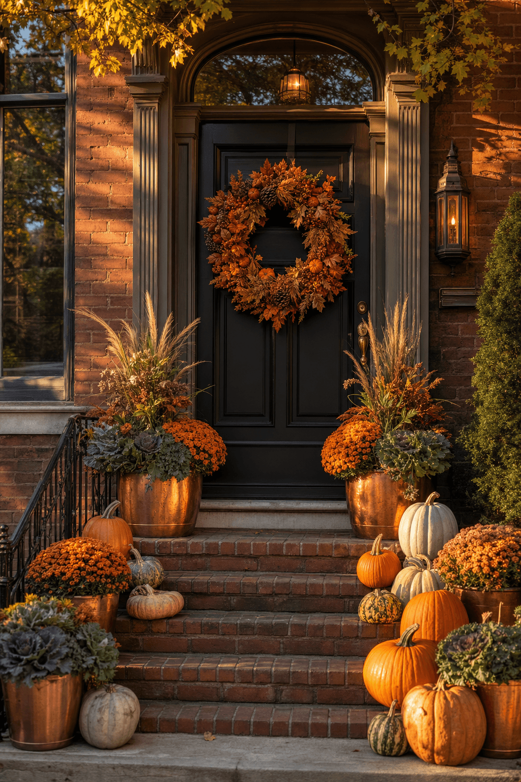 Luxury transitional porch styling for early fall — warm terracotta planters, ornamental kale, and a harvest wreath on a Chicago townhouse