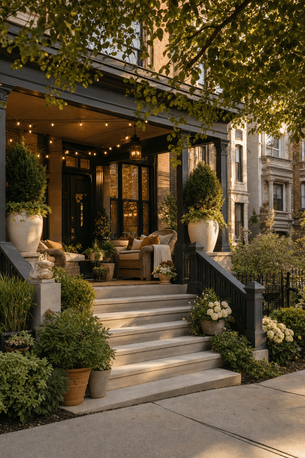 Warm golden hour light on a professionally styled Chicago front porch with layered cream and terracotta textiles, lush planters, and glowing string lights — inviting and sophisticated curb appeal