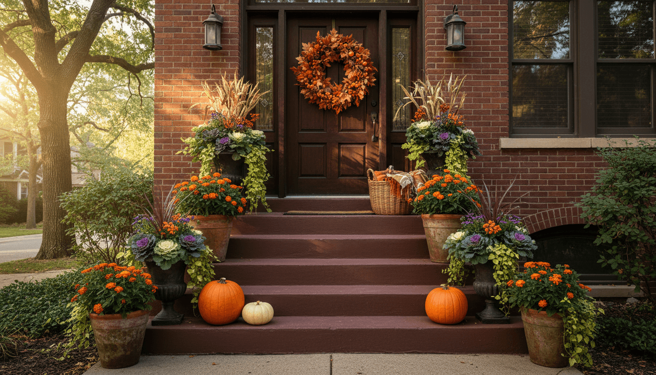 Stylized porch with autumnal wreath and planters in Chicago