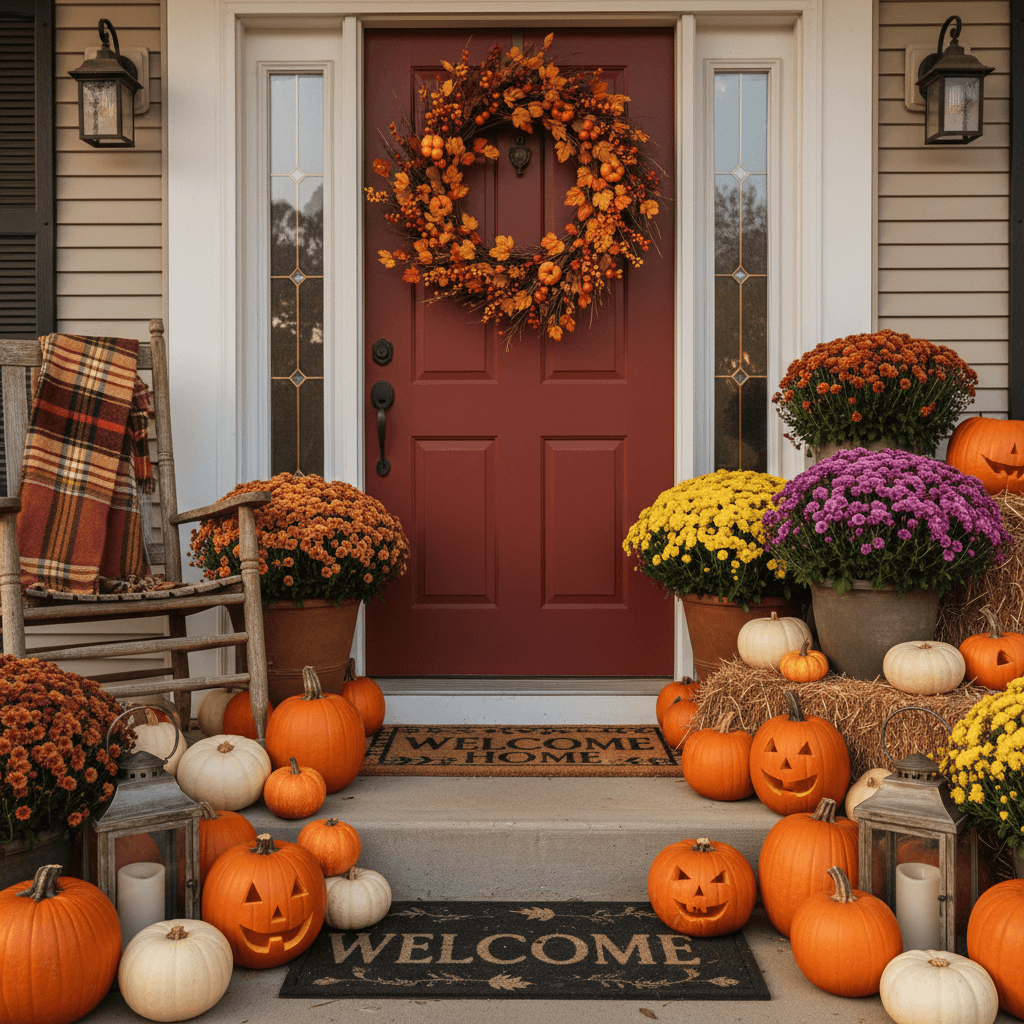 Fall porch styling with pumpkins, mums, and autumn wreath in Chicago