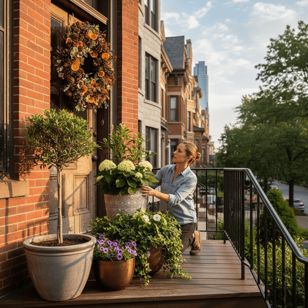 White-glove installation: designer arranging premium planters and wreath