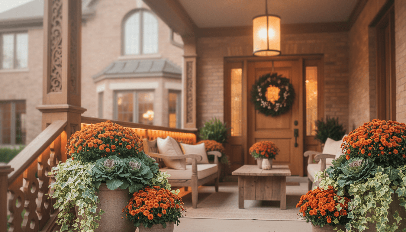 Beautifully styled luxury front porch in Chicago with layered fall planters and a custom wreath