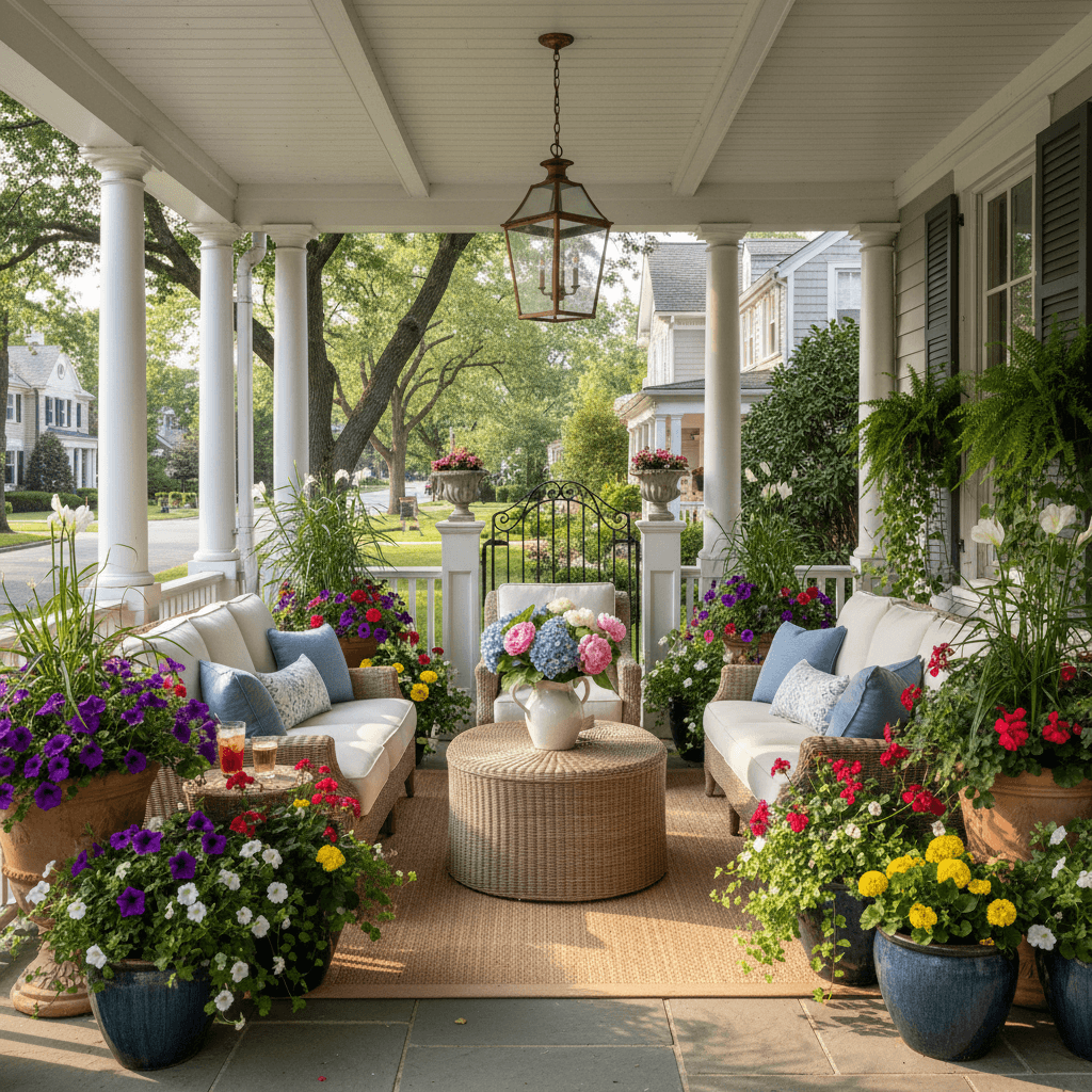 Summer vibrancy: lush greenery and flowering planters on porch