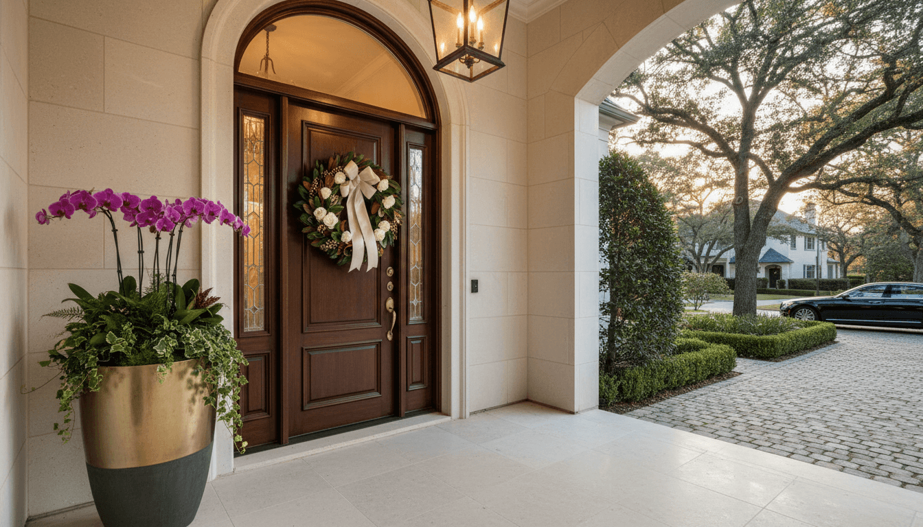 Luxury front porch with designer planter and custom wreath in upscale neighborhood