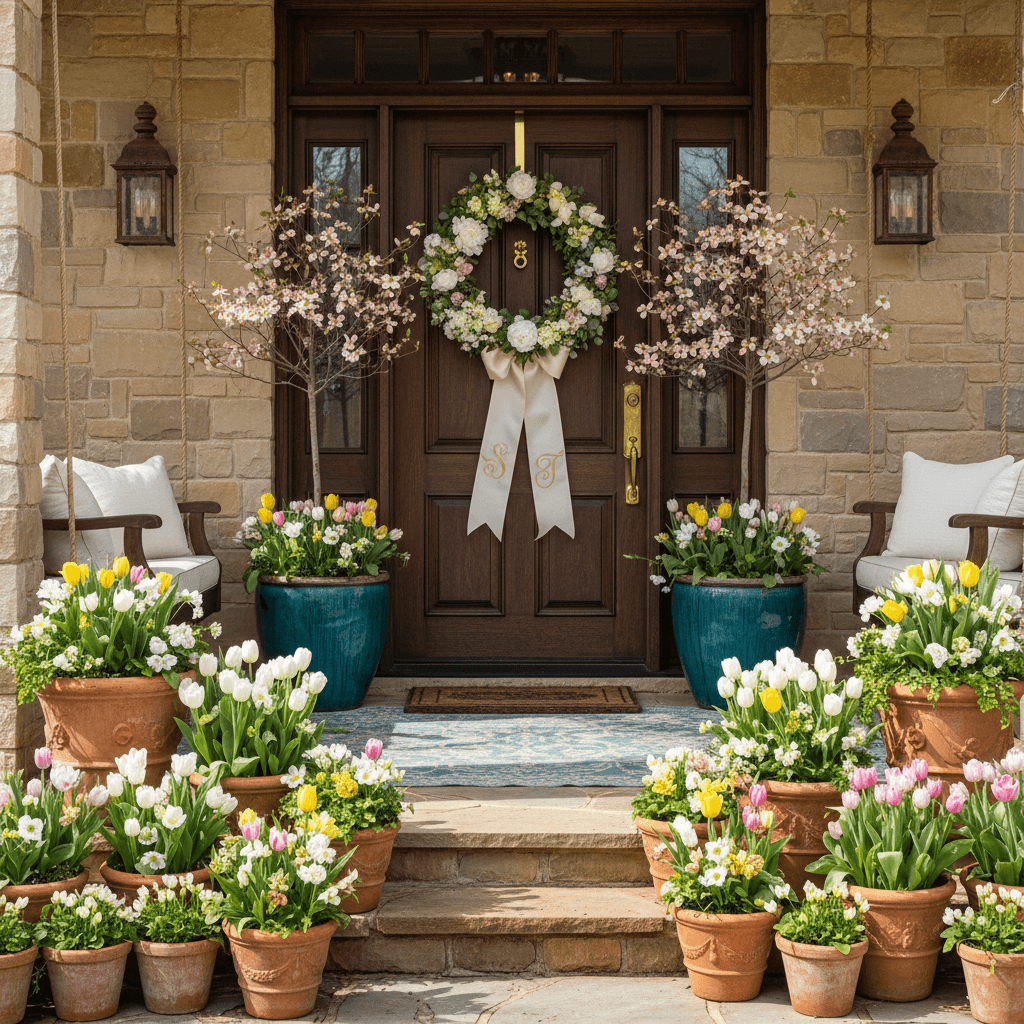 Spring refresh: luxury porch with blooming tulips and custom wreath
