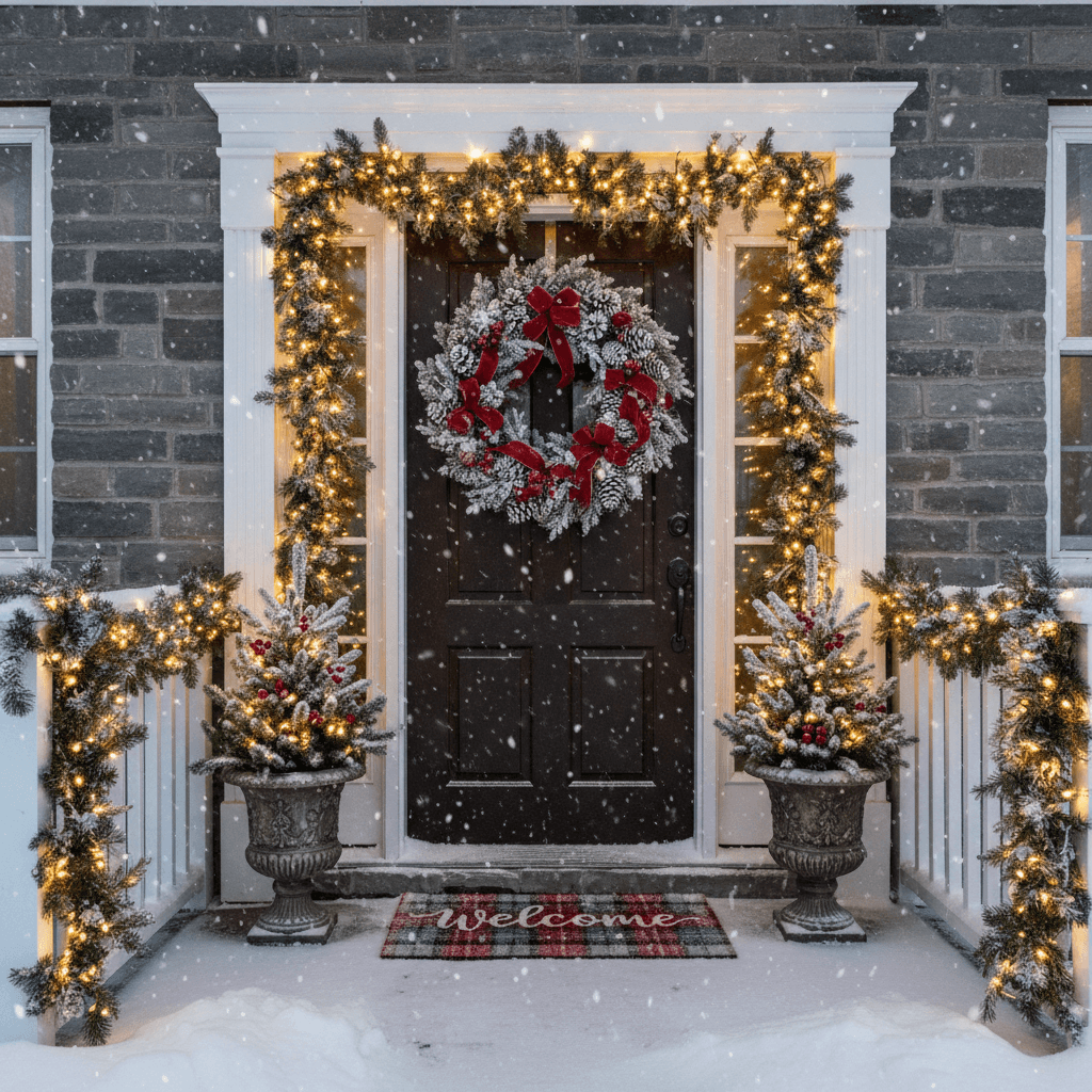 Holiday porch styling with evergreen wreath and warm lights in Chicago winter