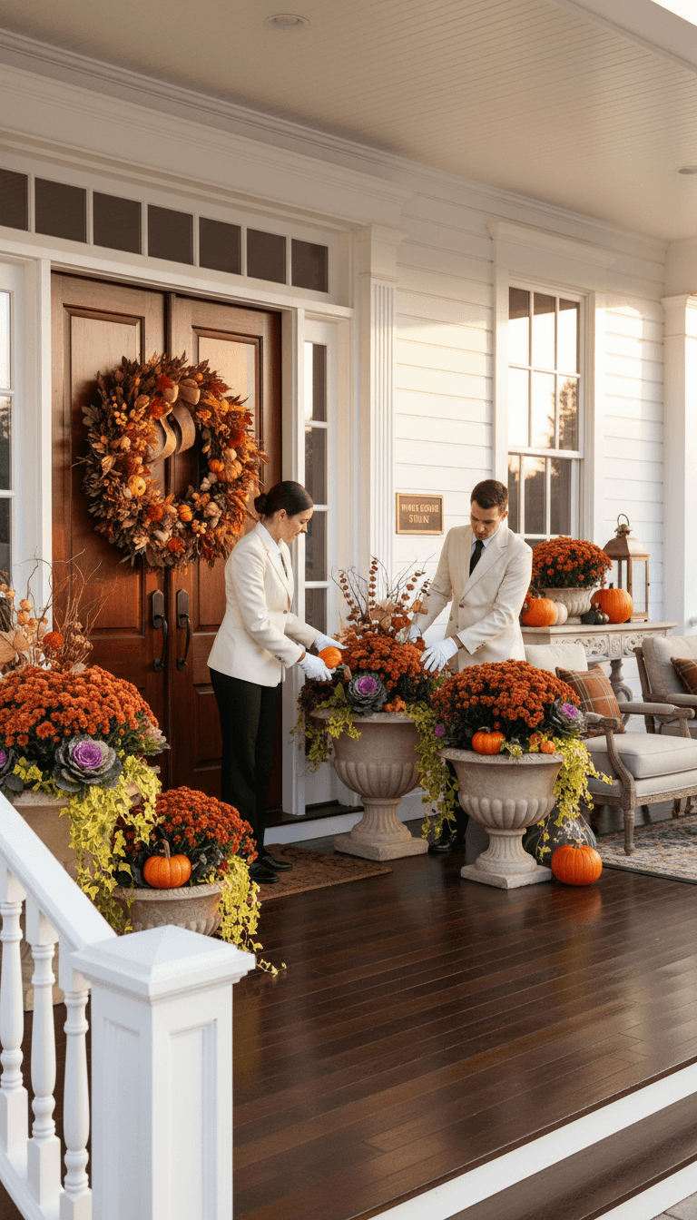 Elegant Chicago front porch with seasonal planters and designer wreath styling