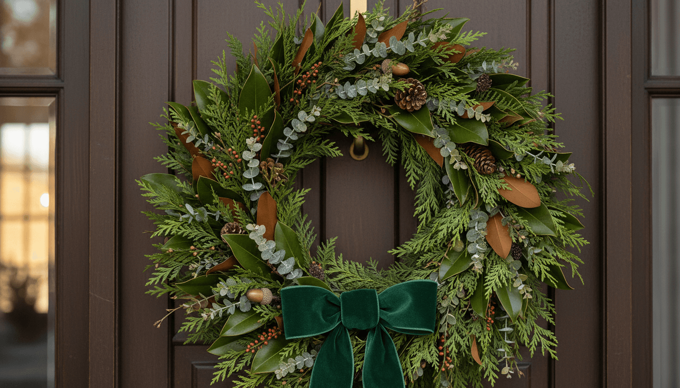 Close up of a premium custom wreath on a front door with green foliage and natural light