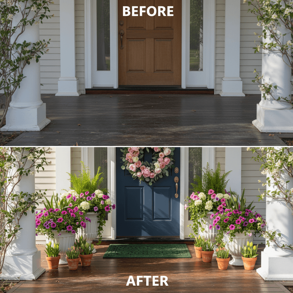 Before and after spring porch styling with custom wreath and premium planters in Chicago