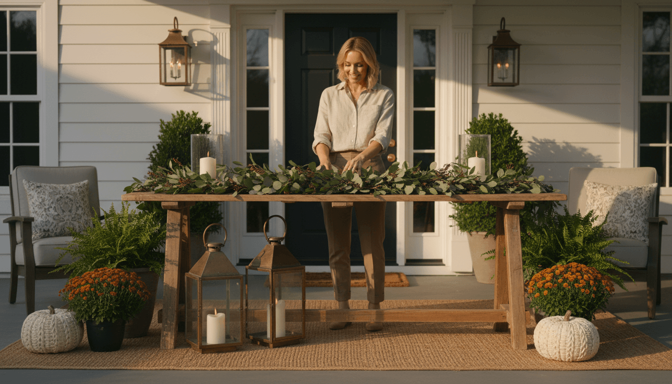 Luxury front porch styled with custom wreath and premium planters