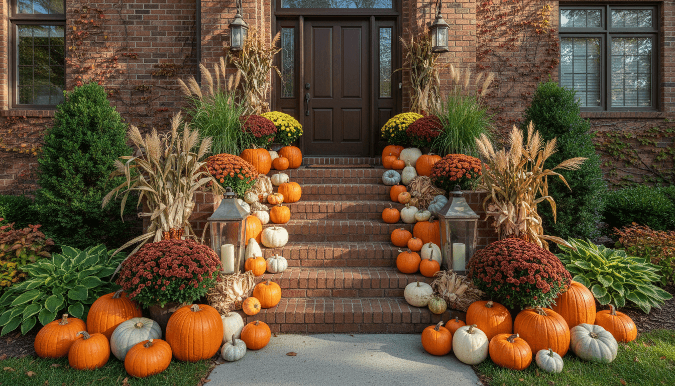 Beautifully styled Chicago porch with custom wreath and designer planters