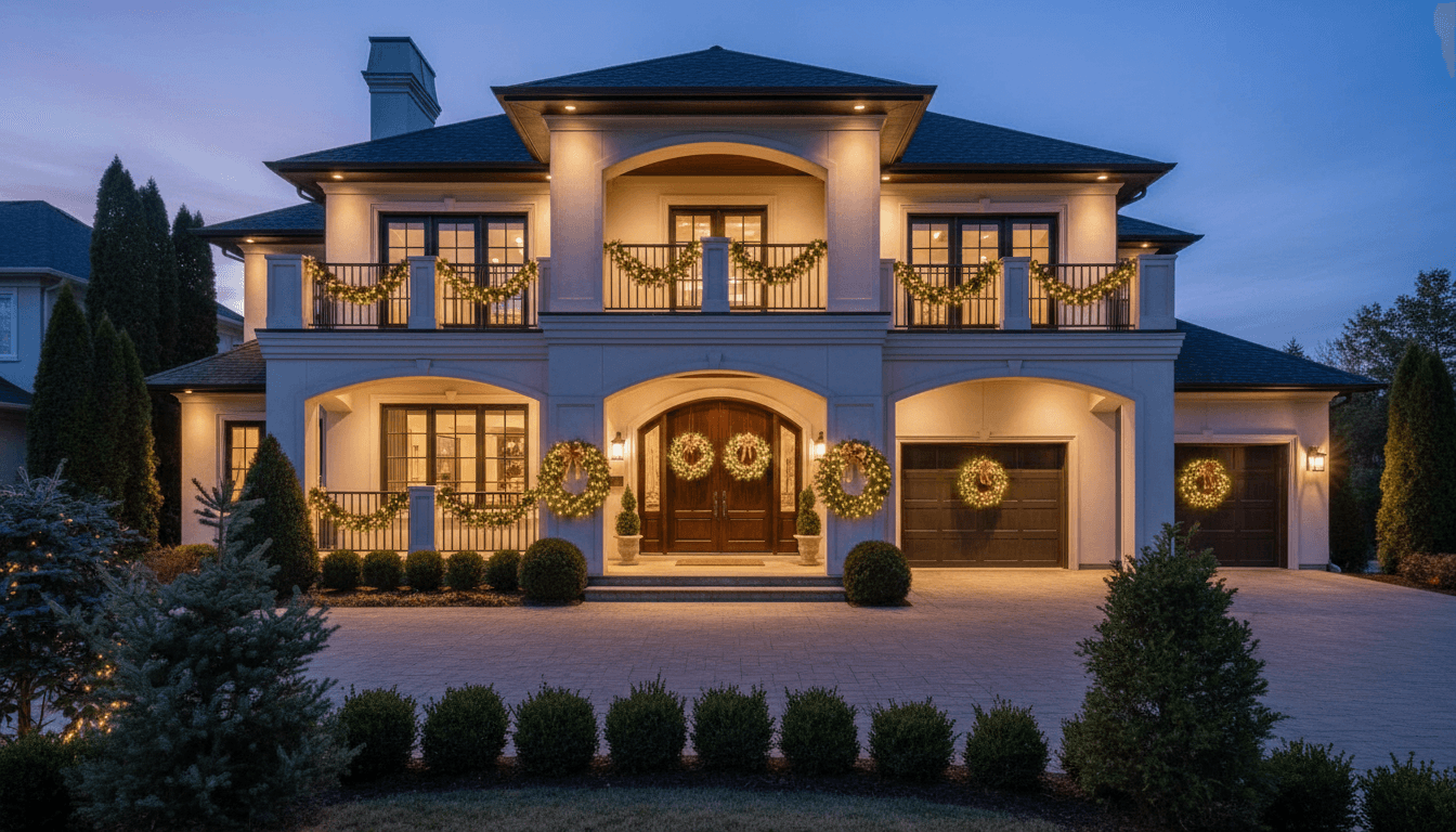 Beautifully styled porch entry with custom wreath and premium planters on luxury home