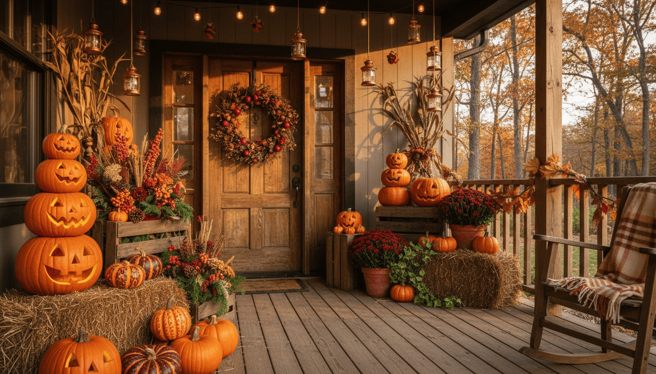 Grand estate entry with hay bales, oversized Cinderella pumpkins, masses of rust mums, ornamental kale, lanterns, and bittersweet garland along a stone walkway at dusk